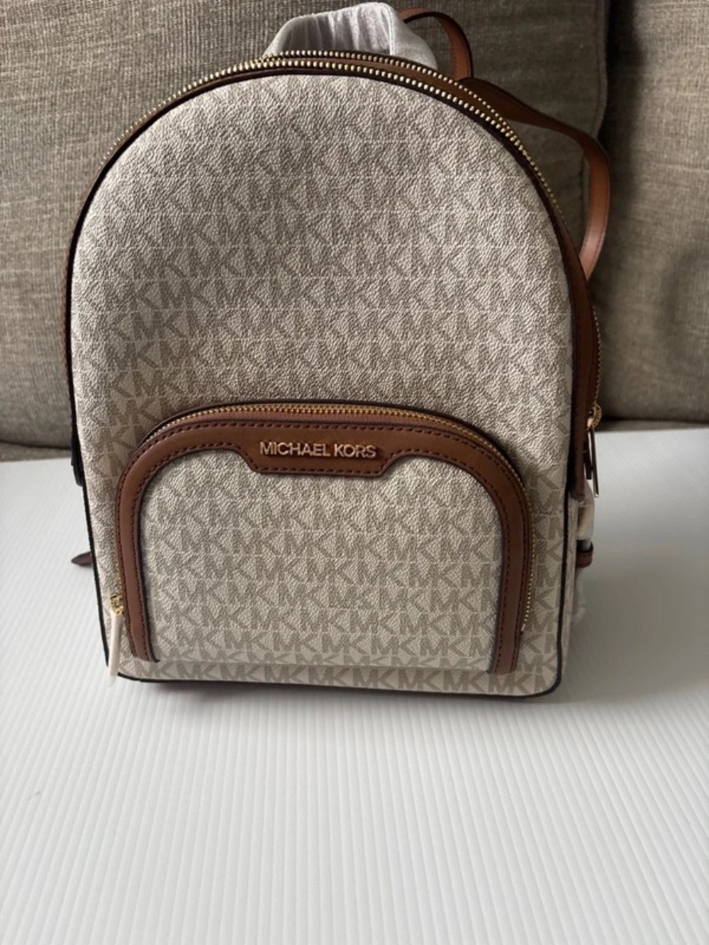 Michael Kors Cream and Brown Logo Mini Backpack